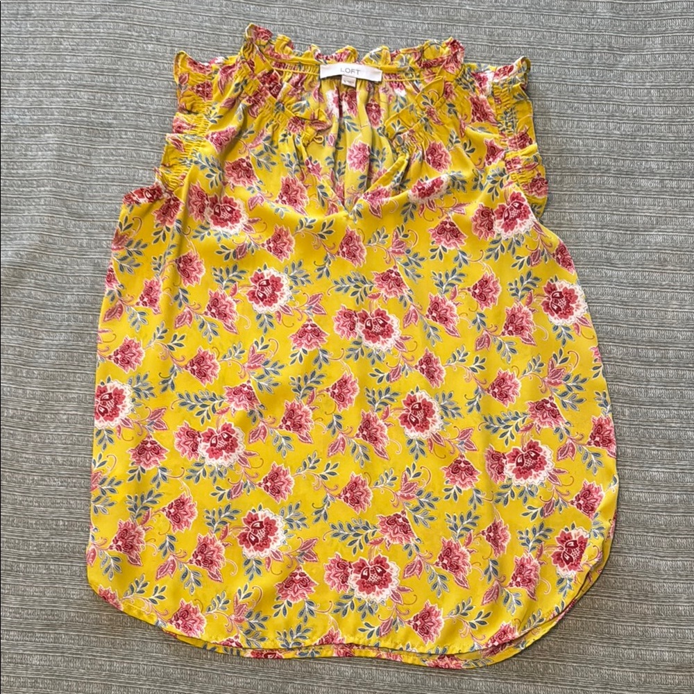 LOFT Yellow Floral Ruffle Blouse